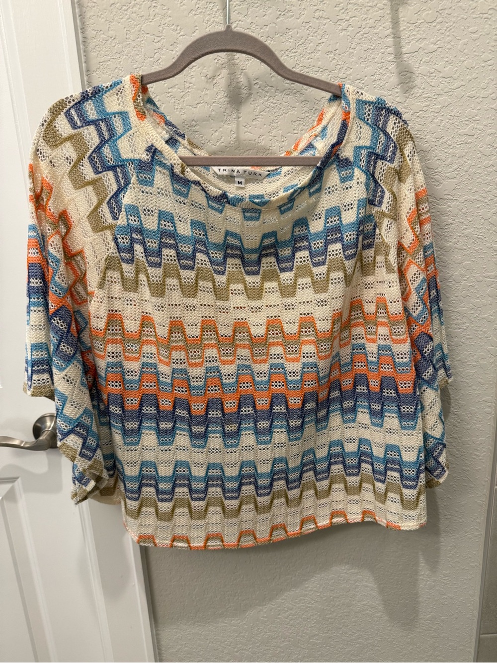 Trina Turk Cream Knit Tunic with Blue, Orange & Olive Chevron
